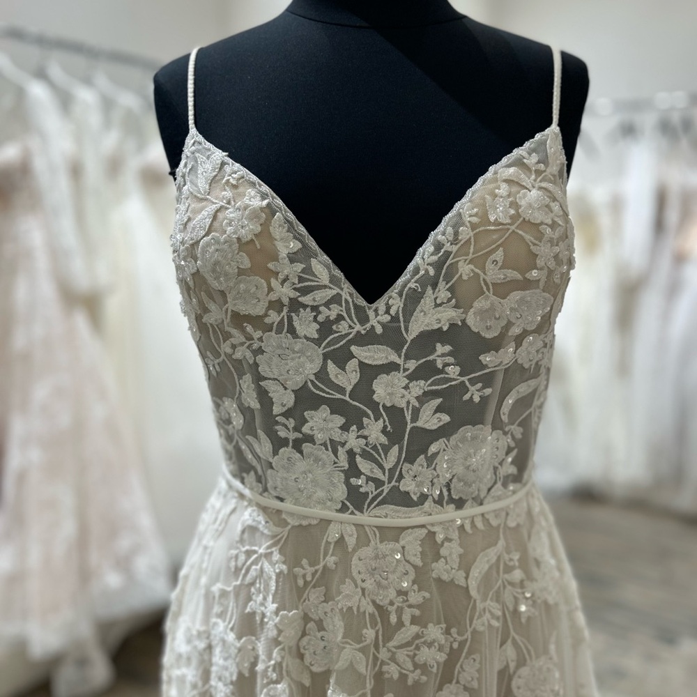 Mon Cheri Cream Floral Lace Spaghetti Strap Wedding Gown